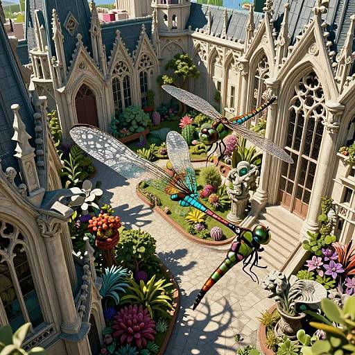 Aerial CGI of a fairy with iridescent wings flying over a vibrant, flower-filled gothic cathedral courtyard, bathed in sunlight.