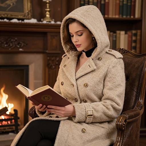Photograph of a woman in a fluffy beige coat with hood, reading a book by a lit fireplace in a library.