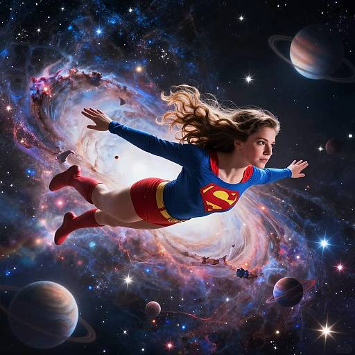 Supergirl Soaring Through Cosmic Nebula