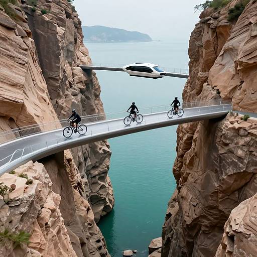 Photograph: Three cyclists ride on a narrow, elevated bridge between towering, rugged, brown rock cliffs over a serene turquoise sea.