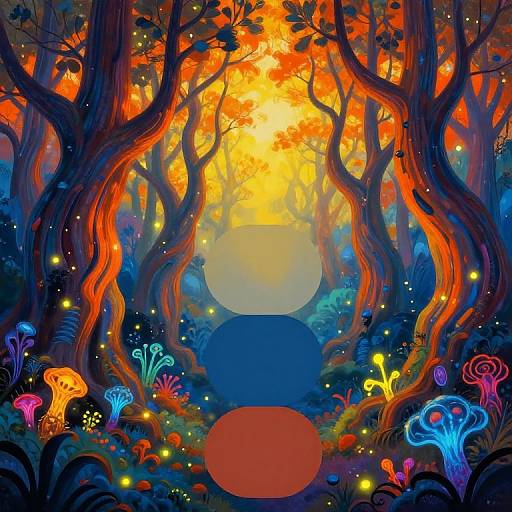 Vibrant digital painting of a magical forest with glowing mushrooms, twisted trees, fiery orange sky, and ethereal fireflies, featuring overlapping circular light