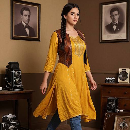 Photograph of a South Asian woman with dark hair in a braid, wearing a yellow dress and brown vest, standing in a vintage room with old