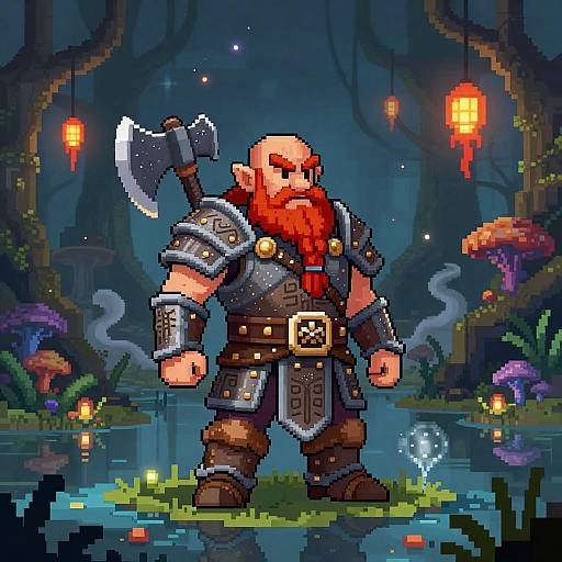 Pixel Art Dwarf Warrior in Bioluminescent Mangrove Ruins
