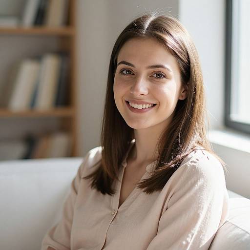 Photograph of a smiling young woman with straight brown hair, fair skin, wearing a light beige blouse, seated in a sunlit room with a book