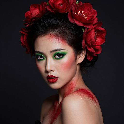 Dramatic Woman with Red-Green Makeup