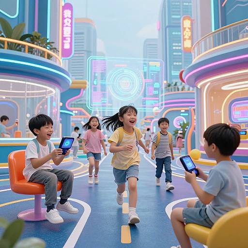Photograph of five Asian children in a vibrant, neon-lit futuristic mall. They're laughing, running, and playing with tablets, surrounded by colorful