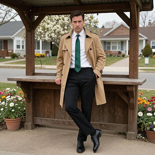 Photograph of a serious, dark-haired man in a tan trench coat, white shirt, green tie, and black pants, leaning against a wooden gaze