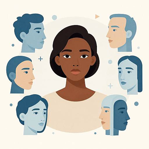 Digital illustration of a dark-skinned woman with short black hair, surrounded by six blue and white-profiled faces, highlighting diversity. White background, minimal