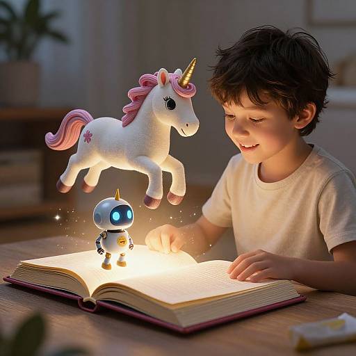 Photograph of a smiling boy with dark hair, wearing a white shirt, reading an illuminated book with a glowing unicorn and robot figurines. Warm,