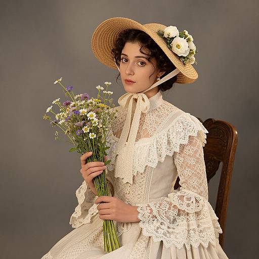 Photograph of a young woman with fair skin, dark curly hair, wearing a white lace dress and straw hat with white flowers, holding a bouquet of