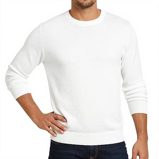 Photograph of a man from the neck to waist, wearing a white, long-sleeved sweater and dark blue jeans, with one hand on his