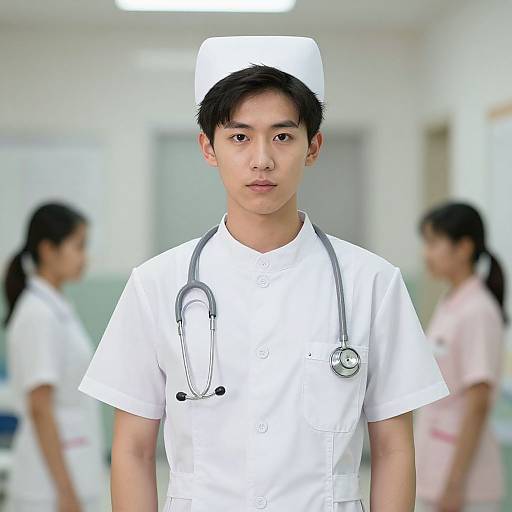 Photograph of an Asian male nurse with short black hair, wearing a white uniform, stethoscope, and cap, standing in a blurred medical office