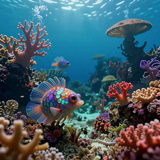 Vibrant underwater photograph of a colorful, iridescent fish with blue and orange scales, swimming among vivid coral reefs and marine plants, bathed