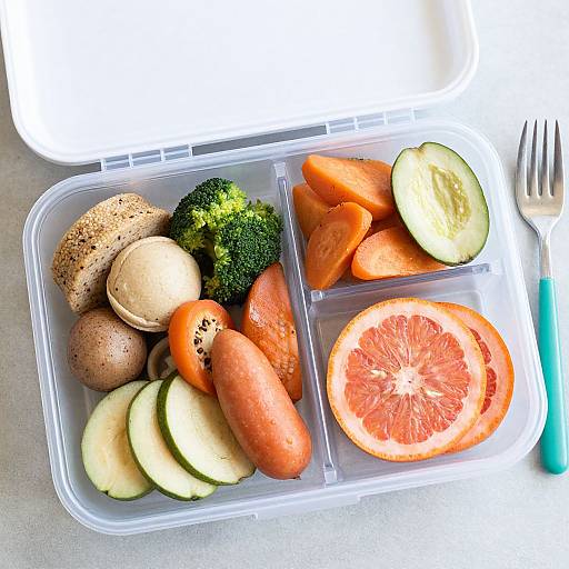 Photograph of a clear plastic lunchbox with varied vegetables: mushrooms, broccoli, carrots, zucchini slices, orange slices, and two sausage-like foods
