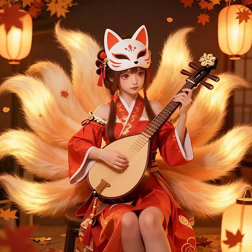 Digital artwork of a young woman with fox ears and nine glowing tails, wearing a red kimono, playing a shamisen under lanterns.