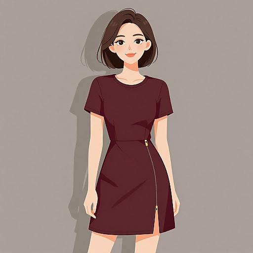 Digital anime-style drawing of a young woman with short black hair, wearing a black short-sleeve dress with a side slit, standing against a gray