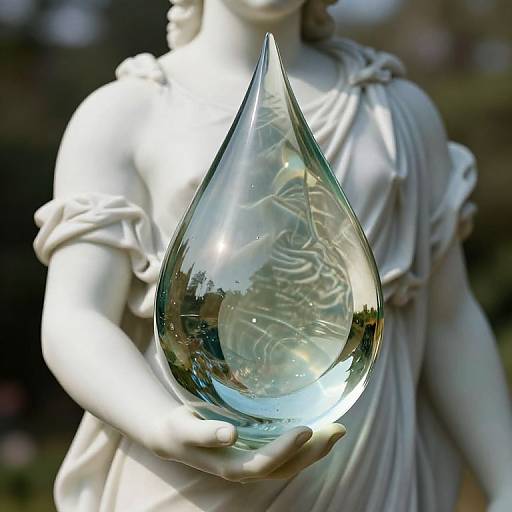 Photograph of a white marble statue holding a large, clear, reflective teardrop-shaped glass object with intricate internal patterns.