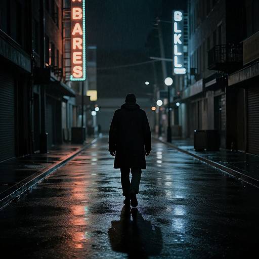 Nighttime photograph of a lone figure in a dark coat walking down a wet, neon-lit alley with 