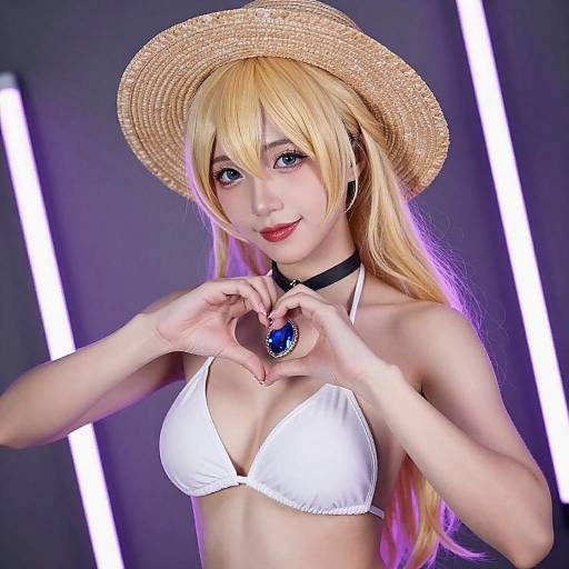 Blonde Cosplayer with Neon Heart Gesture