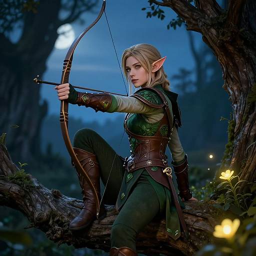 Photorealistic digital artwork of a blonde, pointy-eared elf archer in forest at night, drawing a bow, surrounded by glowing fireflies