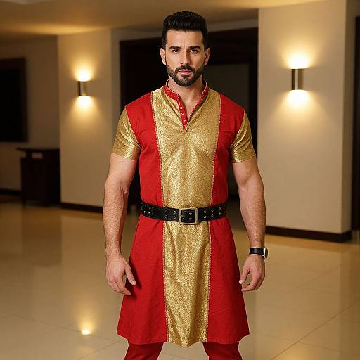 Photograph of muscular man with dark hair and beard, wearing red and gold embroidered tunic, black belt, and watch, standing in brightly lit,