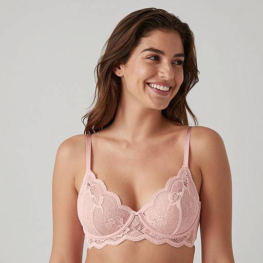 Smiling Woman in Pink Lace Bra