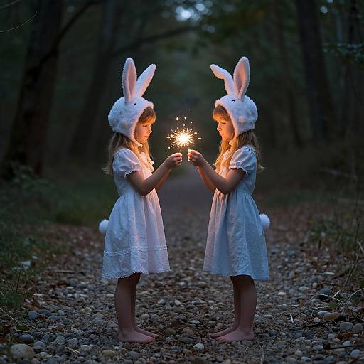 Photograph of two young girls in white bunny ears and dresses, holding a sparkler, standing barefoot on a forest path at dusk.