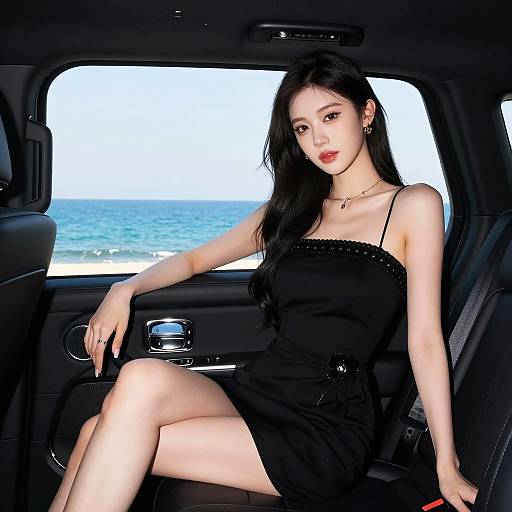 Chic Woman Posing in Luxury Ocean Car