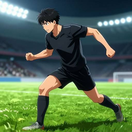 Anime-style digital drawing of a young male soccer player in black uniform, mid-action, sprinting on a brightly lit grass field.