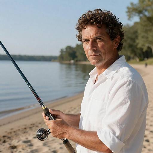 Intense Fisherman on a Sandy Beach