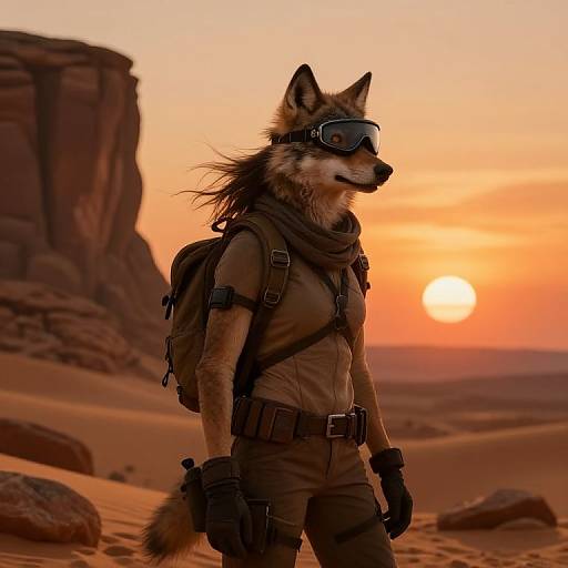 Anthropomorphic wolf wearing tactical gear, visor, and backpack stands in desert sunset, rocky cliffs in background. Digital art. Warm orange sky.