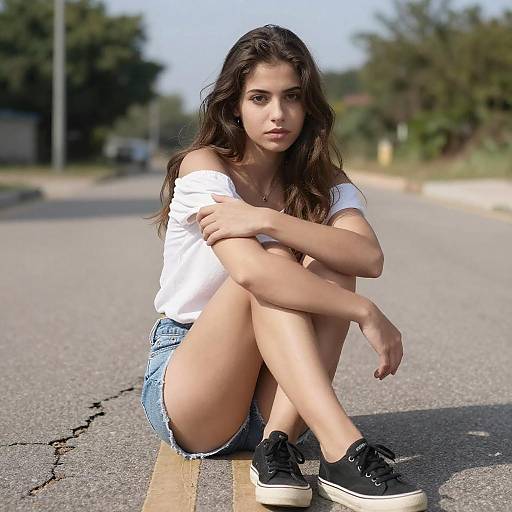 Young Woman Sitting on Cracked Road