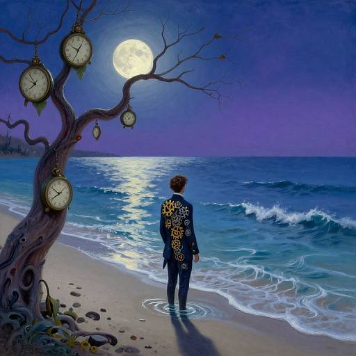 Digital painting: Person with patterned jacket stands in moonlit ocean waves, facing full moon, under clock-bearing, leafless tree. Deep blue and