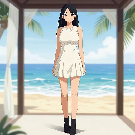 Anime-style digital artwork of a young woman with long black hair, wearing a white sleeveless dress and black ankle boots, standing in a beachside gaze