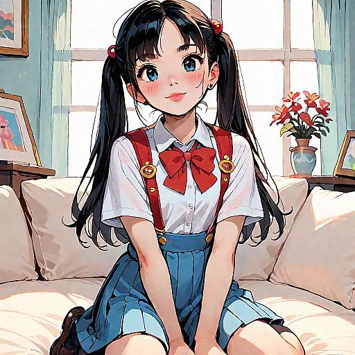 Anime Girl Kneeling Indoors