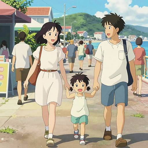 Digital anime-style drawing of a family of three holding hands on a sunny street, wearing white clothes, with busy background.