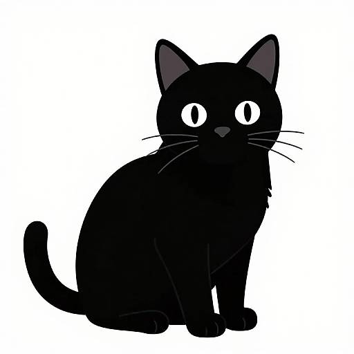Digital illustration of a solid black cat with large, white, round eyes, sitting against a plain white background. The cat's ears are pointed, and