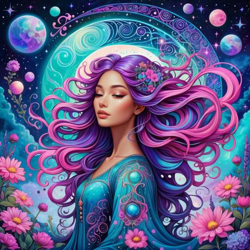 Fantasy Woman with Flowing Purple Hair in Cosmic Setting