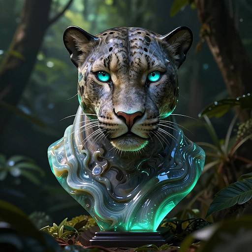 Digital artwork of a glowing, blue-eyed snow leopard with a translucent, neon blue, liquid-like collar in a dark, lush forest.
