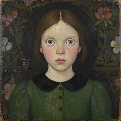 Oil painting of a pale, wide-eyed young girl with brown hair, green dress, black collar, and floral background, evoking a haunting, innocent