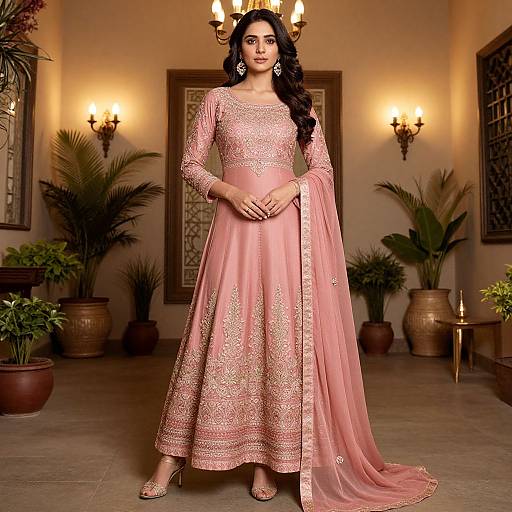 Photograph of an Indian woman in a pink, long-sleeved, embroidered lehenga with a matching dupatta, standing in an ornate,