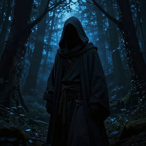 Mysterious hooded figure in dark cloak stands in eerie, blue-lit forest; shadows and trees create a haunting atmosphere. Digital artwork.