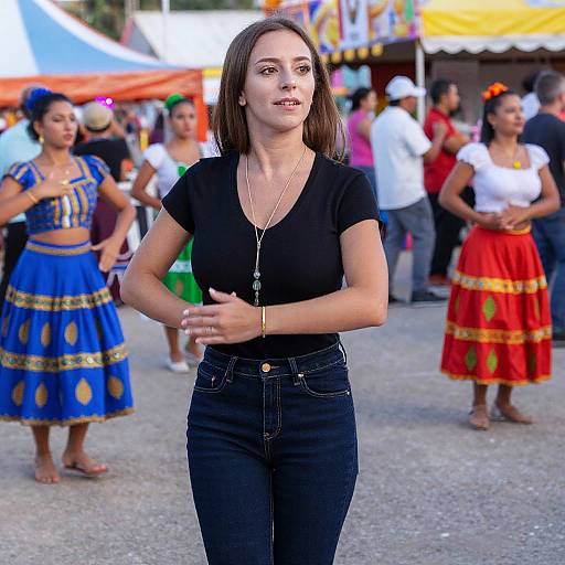 Stylish Woman Dancing at Local Fair