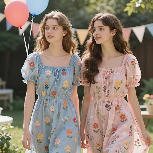 Two Young Women in Floral Dresses at Garden Party