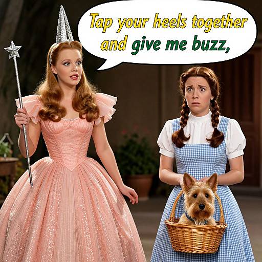 Photograph of two women in fairy tale costumes; one in pink ballgown with star wand, the other in blue checkered dress holding basket with