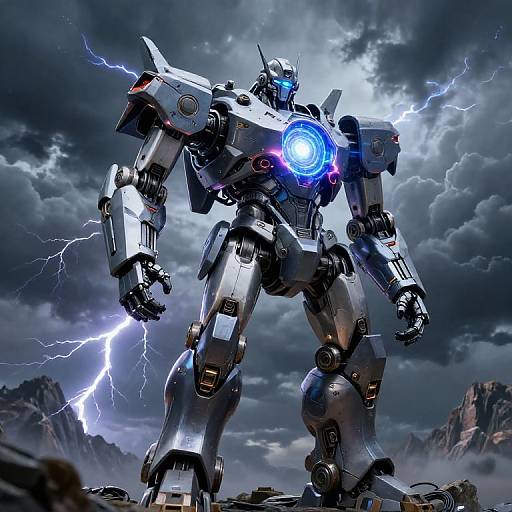 Digital artwork of a powerful, silver robotic warrior with glowing blue eyes, emitting electricity, standing on rocky terrain against a stormy sky.
