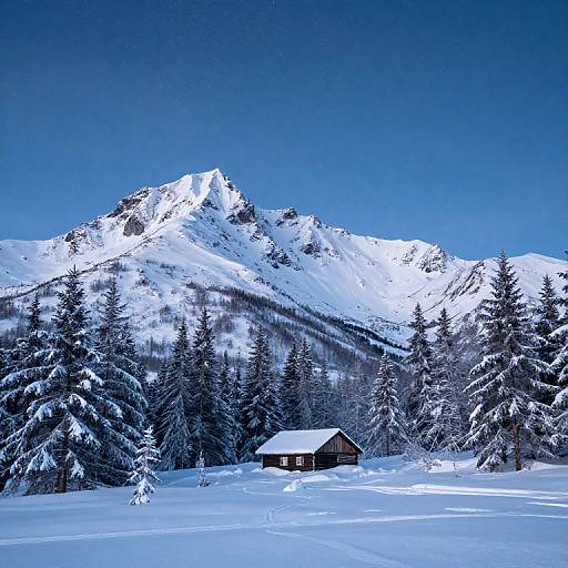 Photograph of a solitary wooden cabin in a snow-covered forest, with a towering, snow-capped mountain under a clear blue sky.