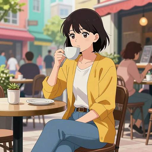 Anime-style digital drawing: Black-haired woman in yellow cardigan, white shirt, blue jeans, sipping tea at a sunny outdoor café. Blurred
