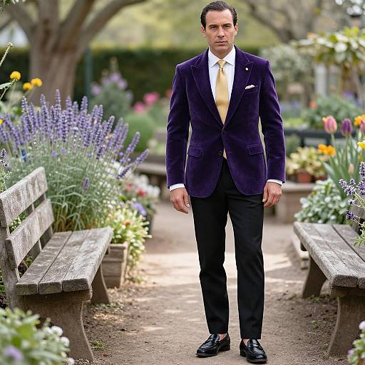 Photograph of a man in a dark purple velvet blazer, yellow tie, white shirt, black pants, and black shoes, standing in a vibrant