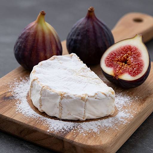 Photograph of white cheese on wooden board, dusted with sugar, surrounded by whole and halved figs with vibrant red centers.